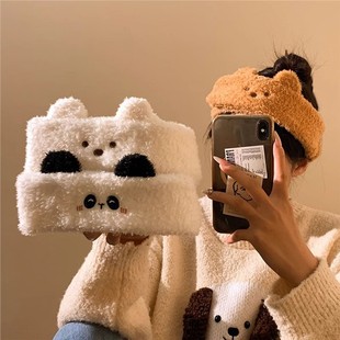 韩系可爱小熊猫耳朵毛绒束发带女敷面膜洗脸专用发箍可调节魔术贴