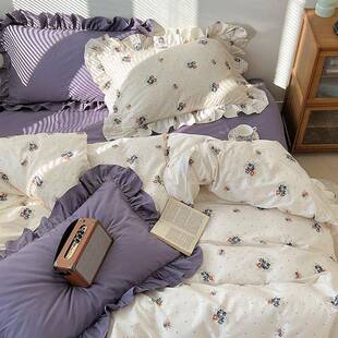 纯棉床上四件套100全棉网红公主风宿舍床品床单床笠三件套女被套4