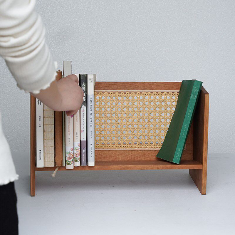 黑胡桃木藤编书架桌面置物架实木办公室书房书立架小架子简易收纳