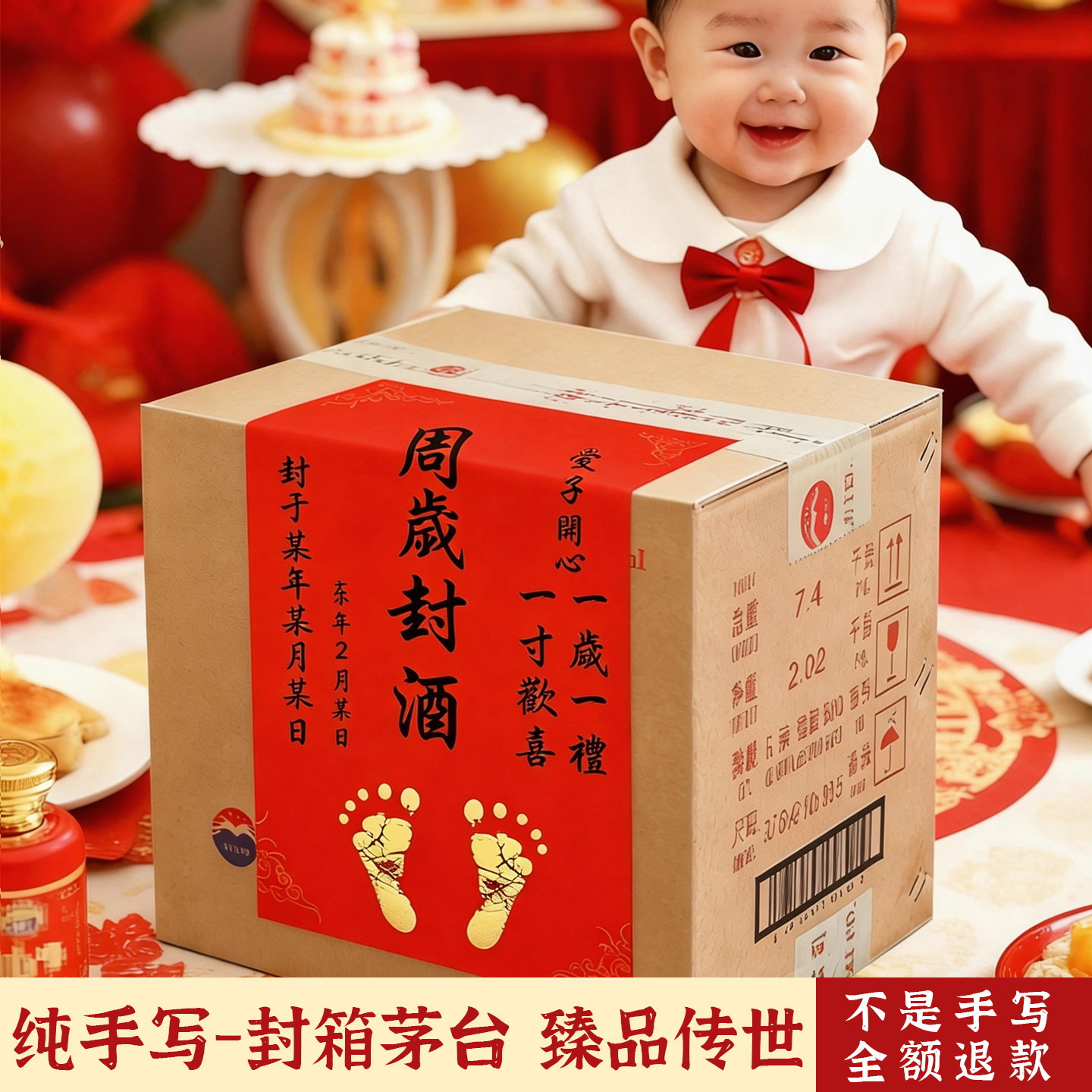 手写封酒贴周岁百日满月足印贴纸图片