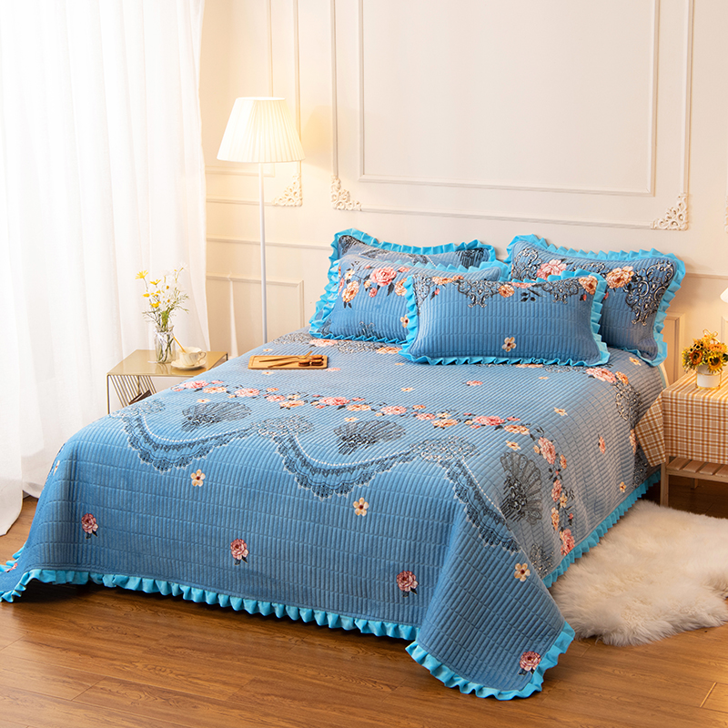 法兰绒床盖床单件牛奶珊瑚加绒面毛毛毯子冬季双人防滑加厚铺