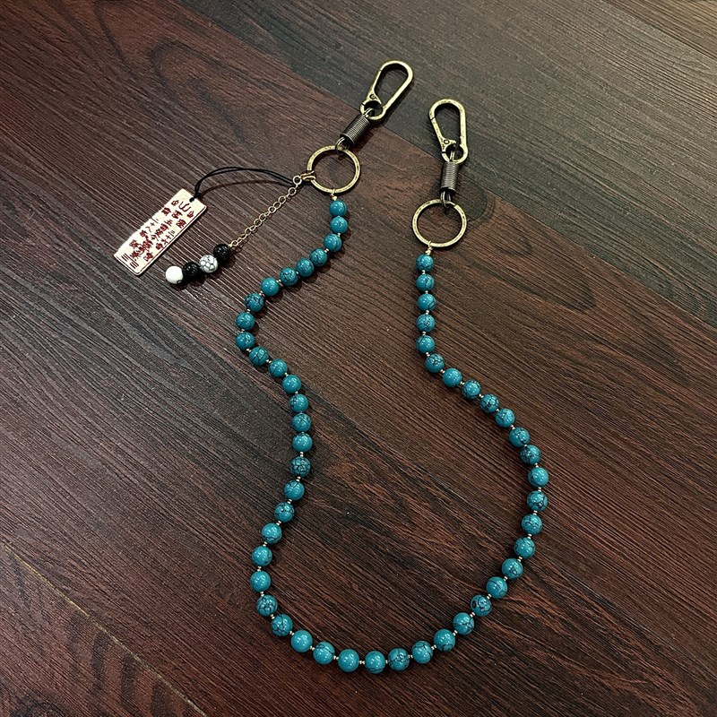 小心袖口 Vgintage中古绿松石做旧手工黄铜中式圆珠裤链小众配饰