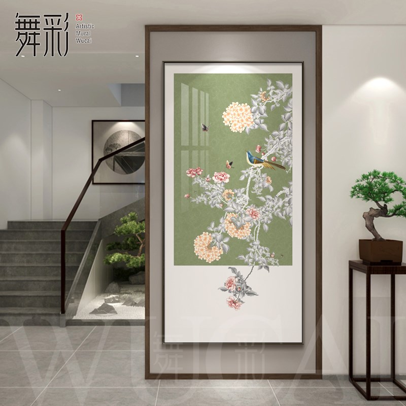 新中式玄关花鸟挂画 画竖版高级感浮雕装饰画 画走廊过道尽头正对图片