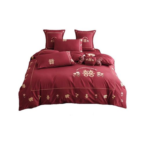 结婚长绒棉四件套红色刺绣被套新婚庆纯棉全棉婚礼少女心床上用品