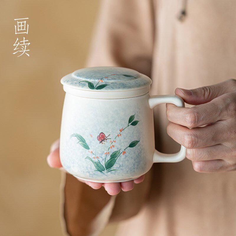 画续水彩风手绘蝶舞花间泡v茶杯茶水分离办公室水杯陶瓷过滤马克