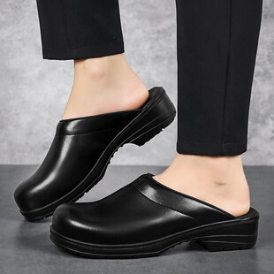 新款 厨师鞋 黑色男厨师上班专用皮鞋 防滑防水防油耐磨半拖鞋 包头鞋