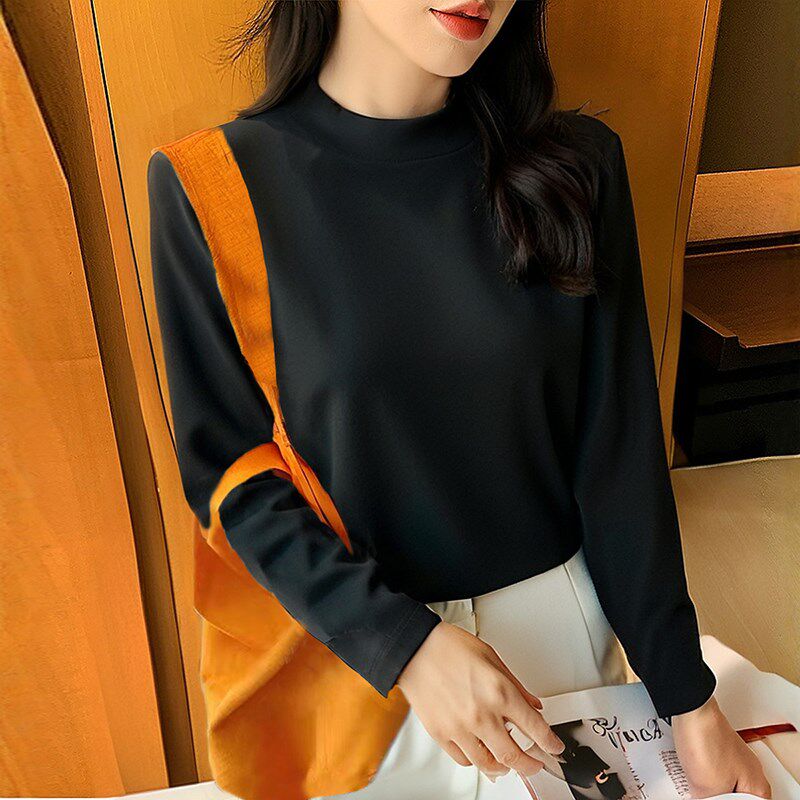 黑色打底衫女半高领秋冬加绒t恤宽松中领内搭高级感纯棉白色磨毛