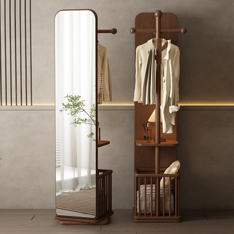 实木旋转穿衣镜衣帽架一体衣架加厚置地式小型挂衣架房间置物架
