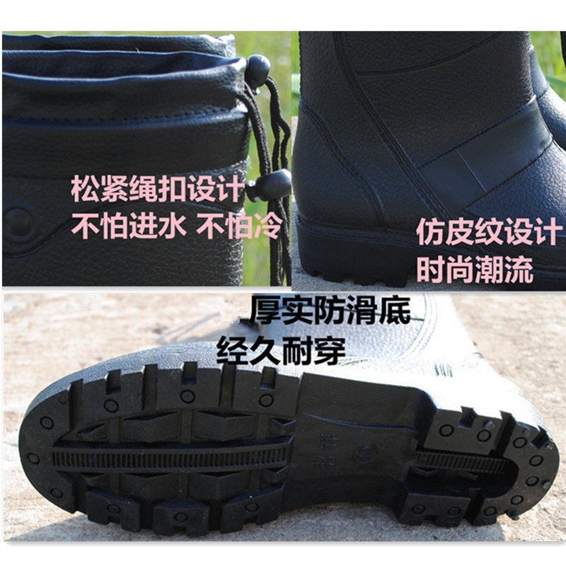 包邮时尚冬季新款时尚仿皮男士雨鞋高筒加绒保暖雨靴机车水鞋套鞋