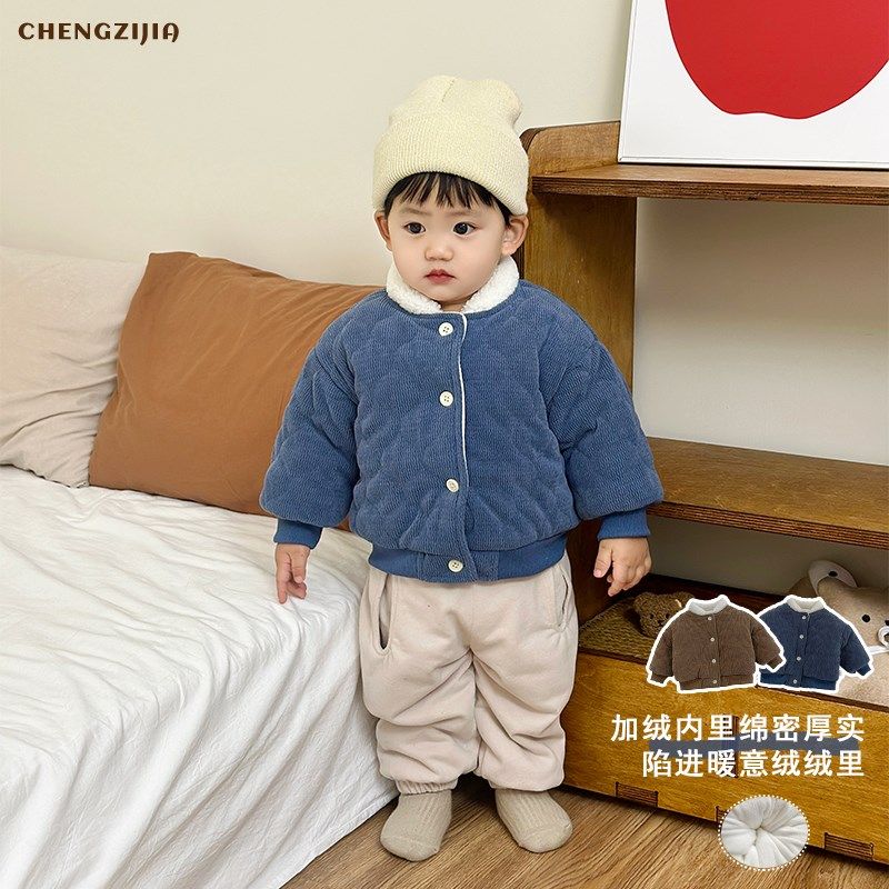 男童冬季棉服套装洋气女宝v宝夹棉加绒棉衣婴幼儿加厚棉裤保暖棉