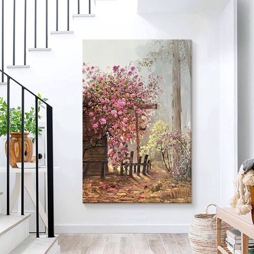 法式玫瑰花丛手绘油画客厅抽象粉色花卉装饰画玄关田园风肌理挂画