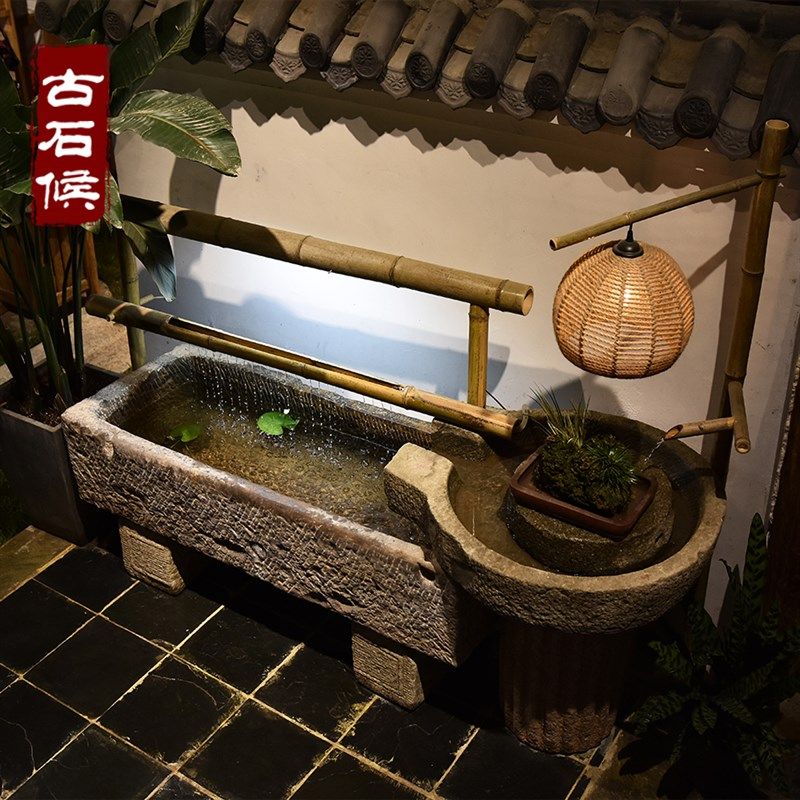 老石槽流水摆件组合户外石器景观鱼缸庭院养鱼池招财室内阳台水景