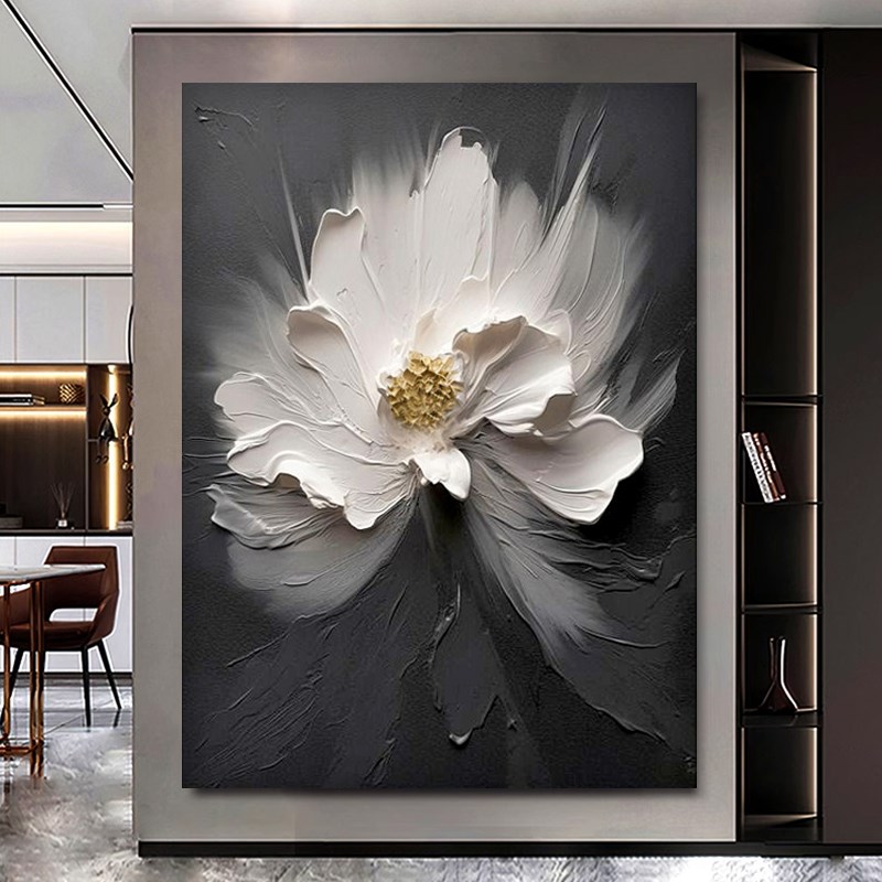 大芬油画村纯客厅装饰画抽象黑白花卉玄关沙发背景墙大幅肌理挂画