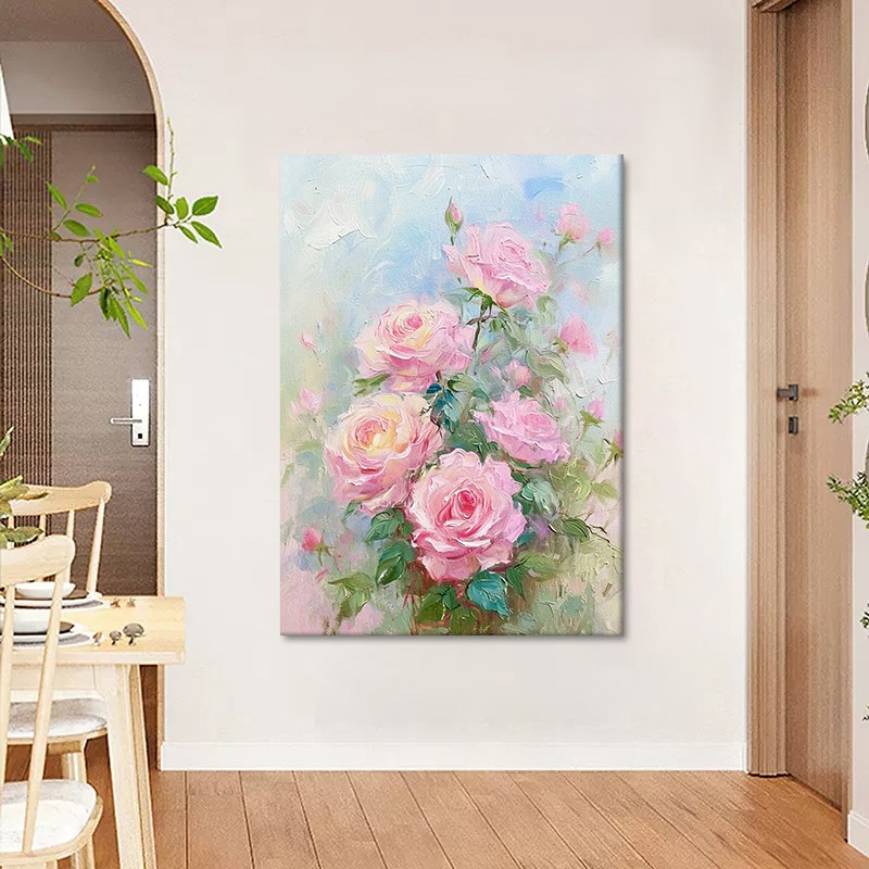奶油风玫瑰花玄关手绘油画粉色花卉肌理挂画客厅花开富贵装饰壁画
