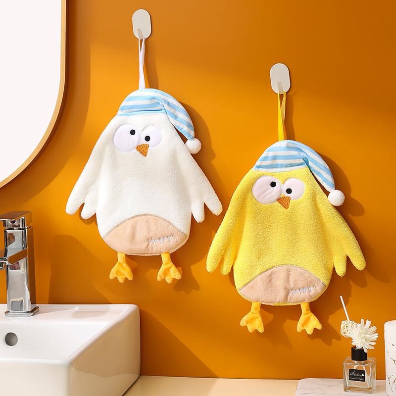 睡帽小鸡可爱挂式擦手巾儿童珊瑚绒吸水毛巾厨房卫生间两用手帕