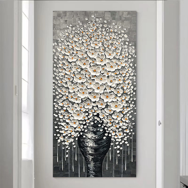 走廊过道玄关画发财树纯手绘油画轻奢风客厅装饰画花开富贵肌理画