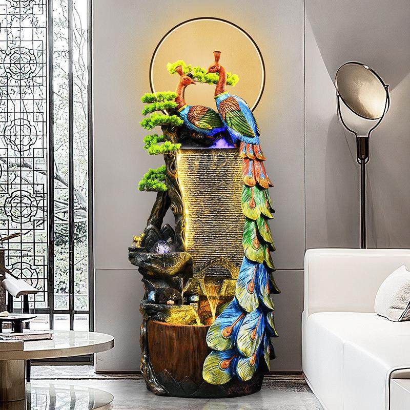 中式孔雀创意假山流水喷泉摆件客厅阳台玄关酒店会所办公室加湿器