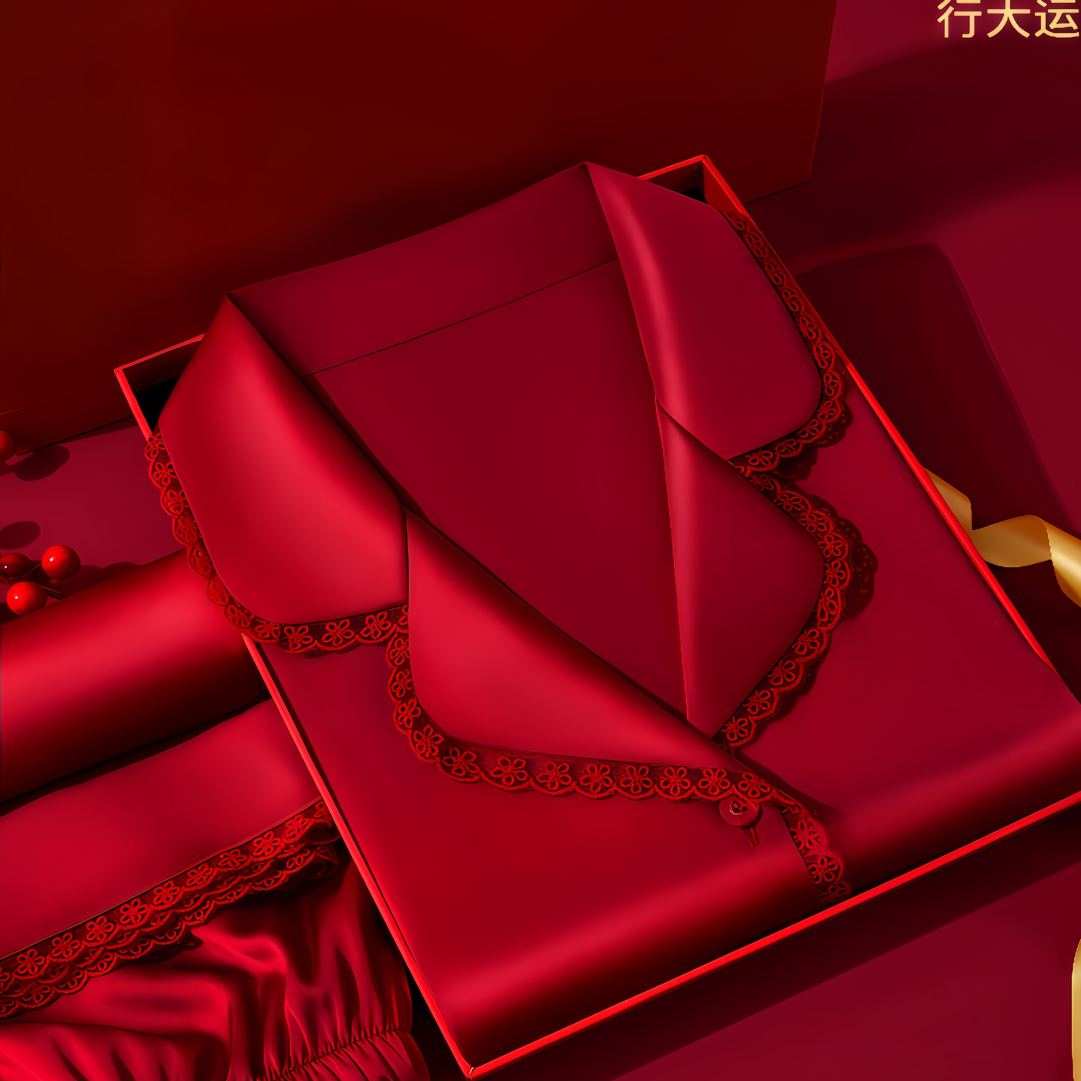 马年红色真丝睡衣女本命年高端蝴蝶结边新婚舒适大码家居服礼盒装