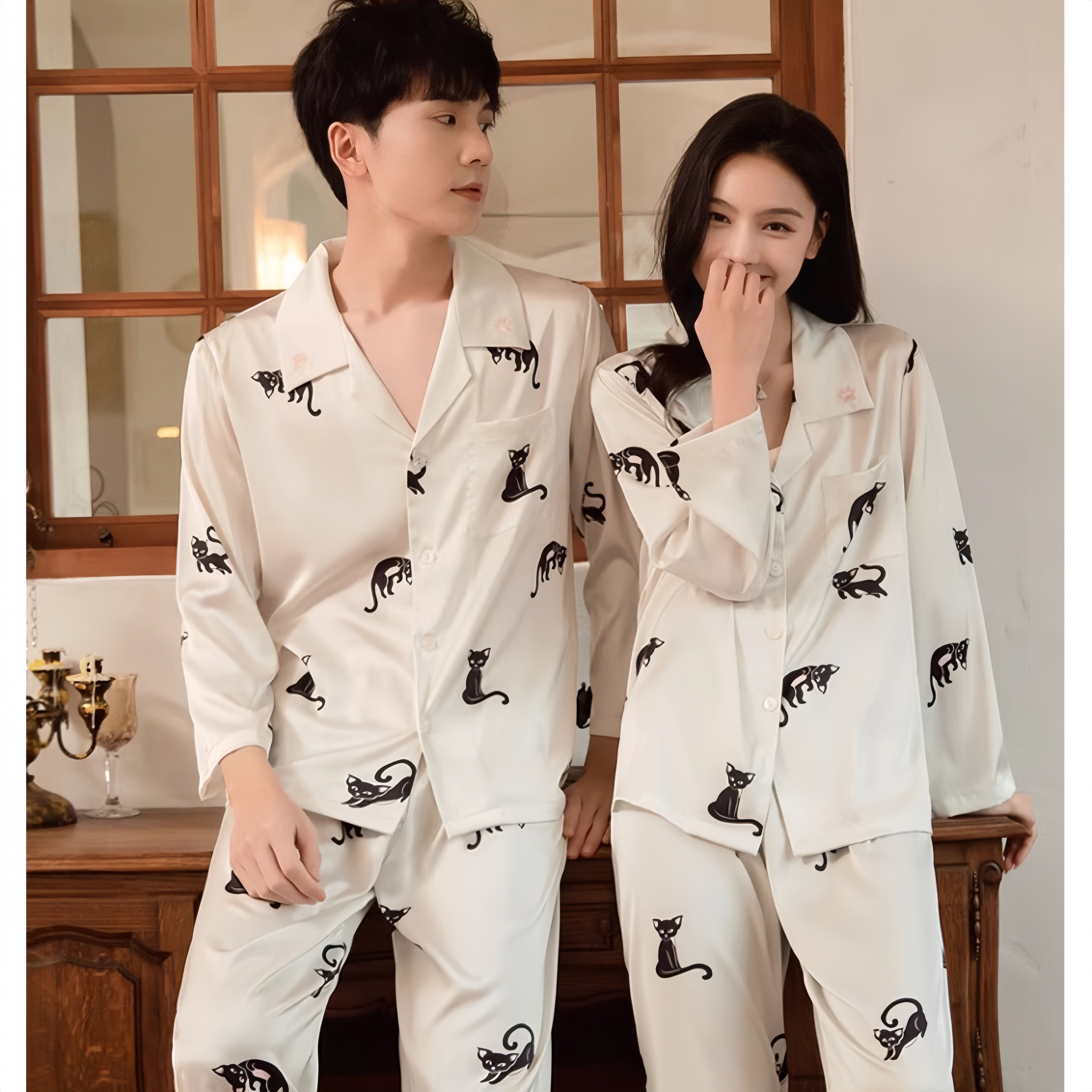 情侣真丝睡衣女春秋款高级感猫咪男士桑蚕丝家居服两件套装送闺蜜