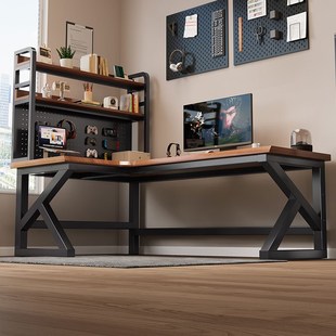 卧室家用双人办公桌L型书桌书架一体电竞桌子 实木转角电脑桌台式