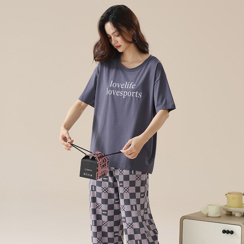 睡衣女春夏季高级感拉架棉家居服套装女款棋盘格套头睡衣可外穿