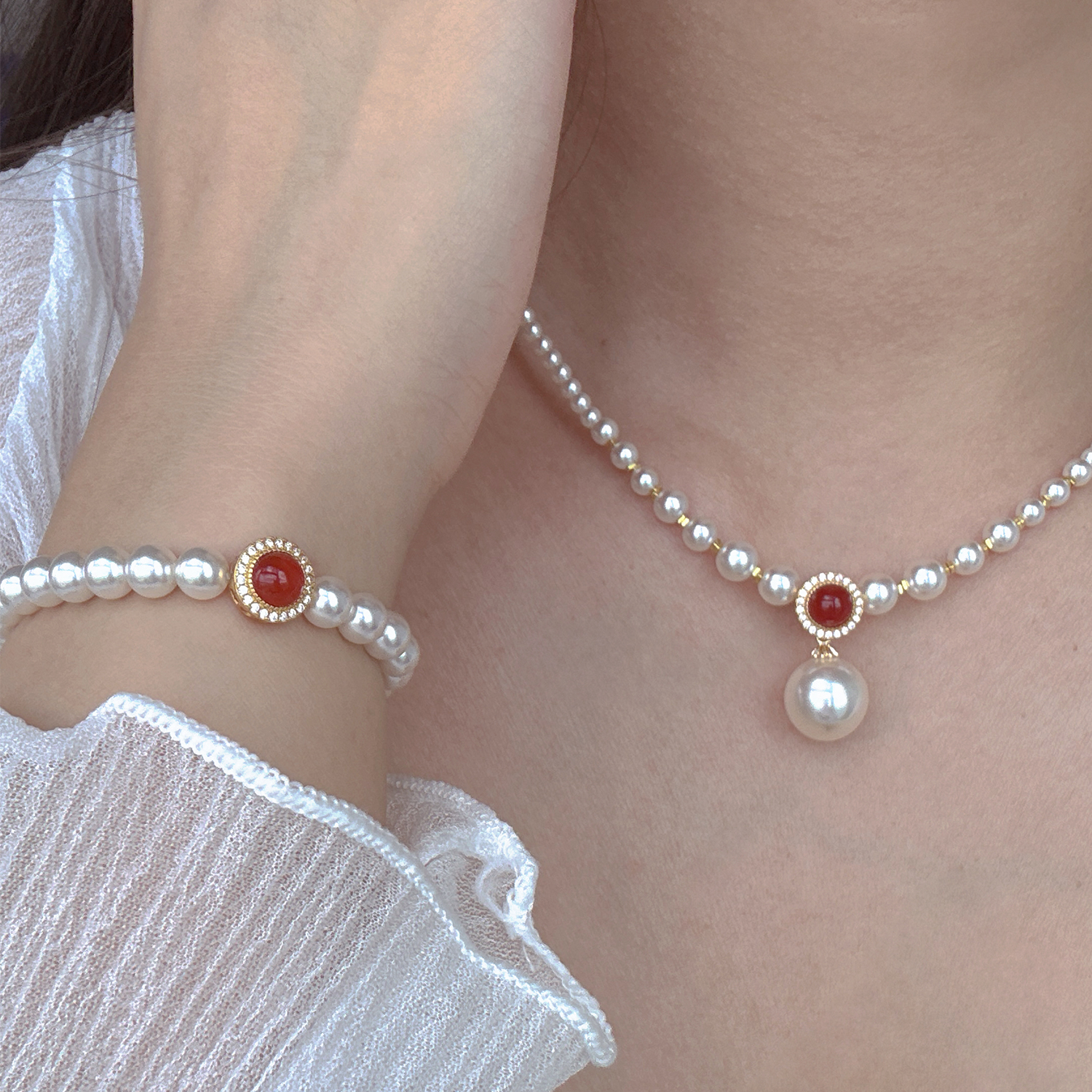 红玛瑙珍珠项链手串小众新年氛围