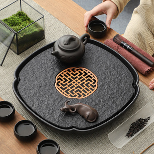 小号茶托盘石茶台干泡盘功夫茶具茶 乌金石茶盘家用可蓄水排s水式