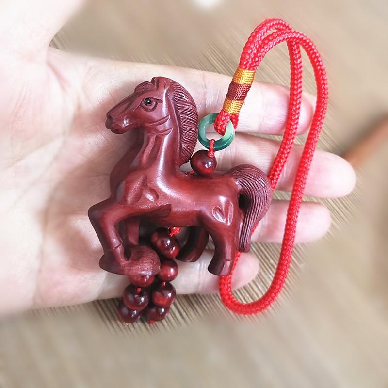 桃木精雕立体红色木马挂件 木质马红色实木马小摆饰厘