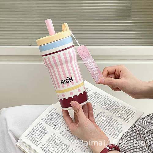 小众设计感保冷保温杯新款女生高颜值不锈钢带吸管车载水杯子