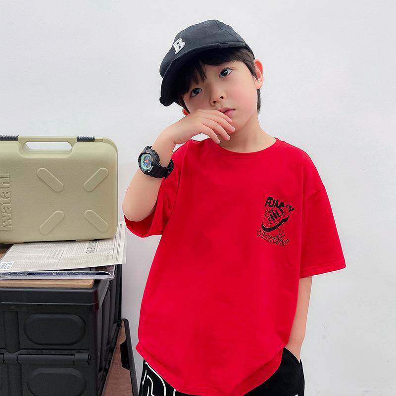 男童夏装新款红色趣味鞋子图案印花T恤中大童儿童短袖潮款帅气T恤
