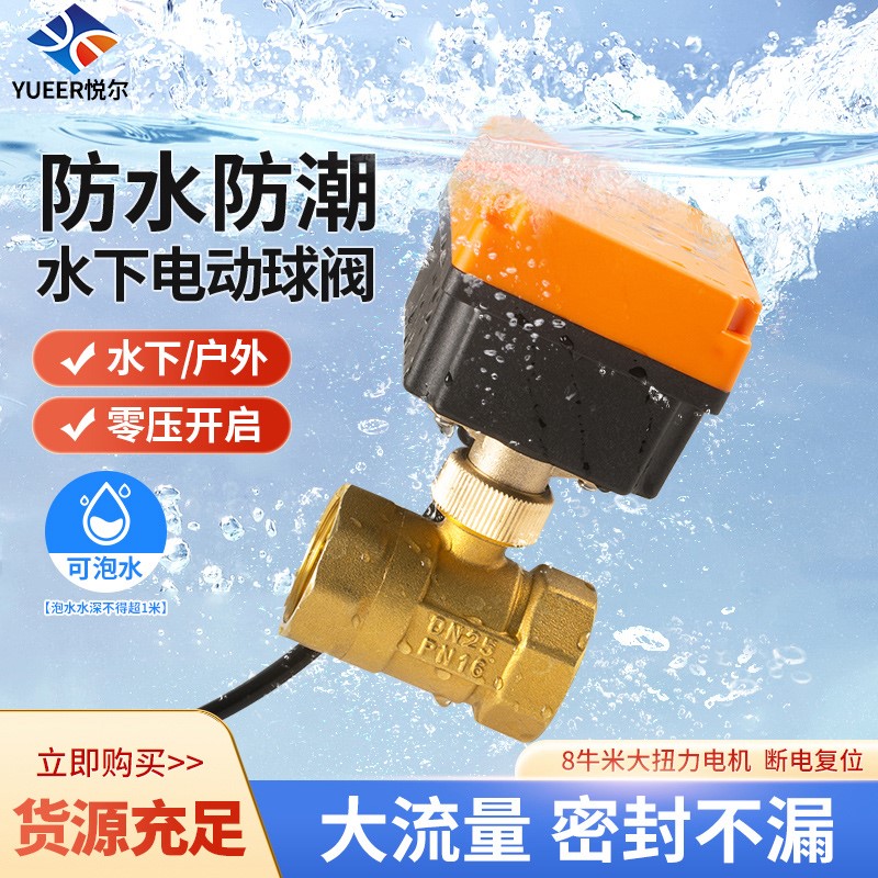 水下防水电动阀水阀ac220v24v12v4分6分二通丝扣大流量铜球阀阀门