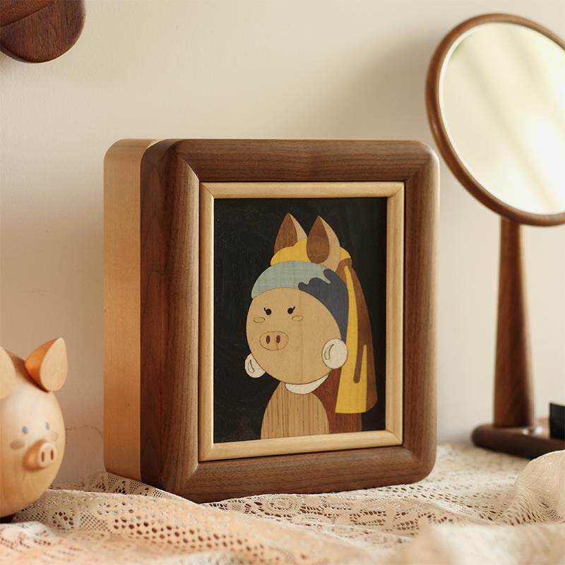 三思工房实木名画首饰盒可爱创意插画个性礼物饰品收纳盒黑胡桃木