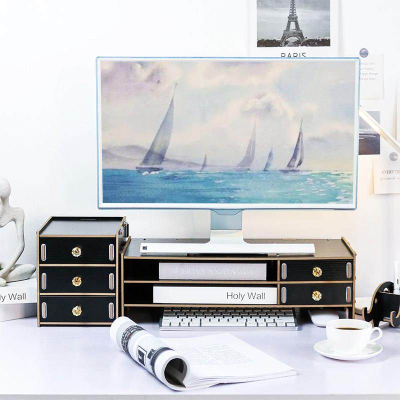 台式电脑显示器屏增高架办公室工位桌面收纳带抽屉垫高底座置物架