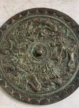 彷古青铜器风水老摆件古玩包老做旧古董镇宅纯铜海兽镜错银古铜镜