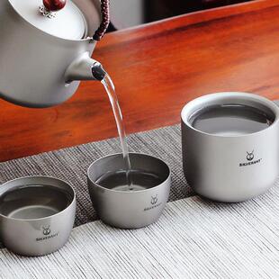 银蚁纯钛双层小茶杯茶碗主人杯提手杯品茗杯不烫手钛合金钛水杯