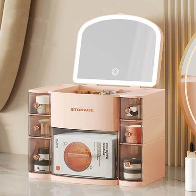 带镜子化妆品收纳盒LED灯放护肤品化妆箱桌面抽屉式防尘置物架柜