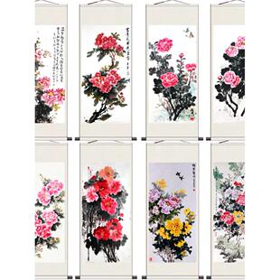 中国画山水客厅书画装饰垂直花鸟画牡丹吉礼繁花盛开吉祥卷轴装饰