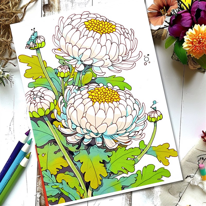 彩色线描花卉临摹卡儿童创意美术明信片马克笔线描植物装饰画范图图片