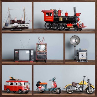 80年代复古怀旧老物件老式店铺摆件工业风电视机相机摩托车模型
