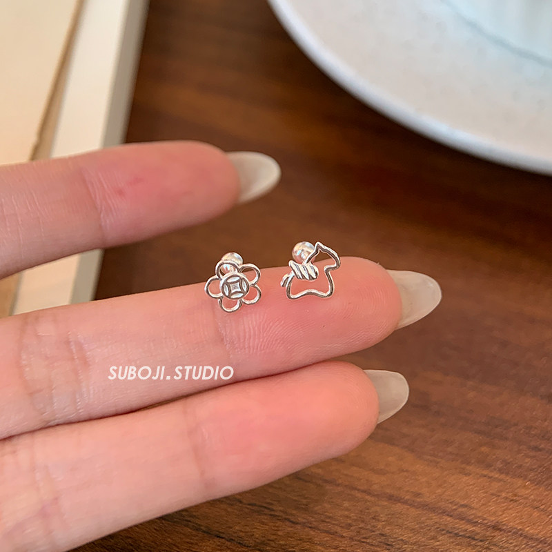 素泊集s999纯银马上有钱花耳钉女小巧精致耳环养耳洞耳饰高级免摘
