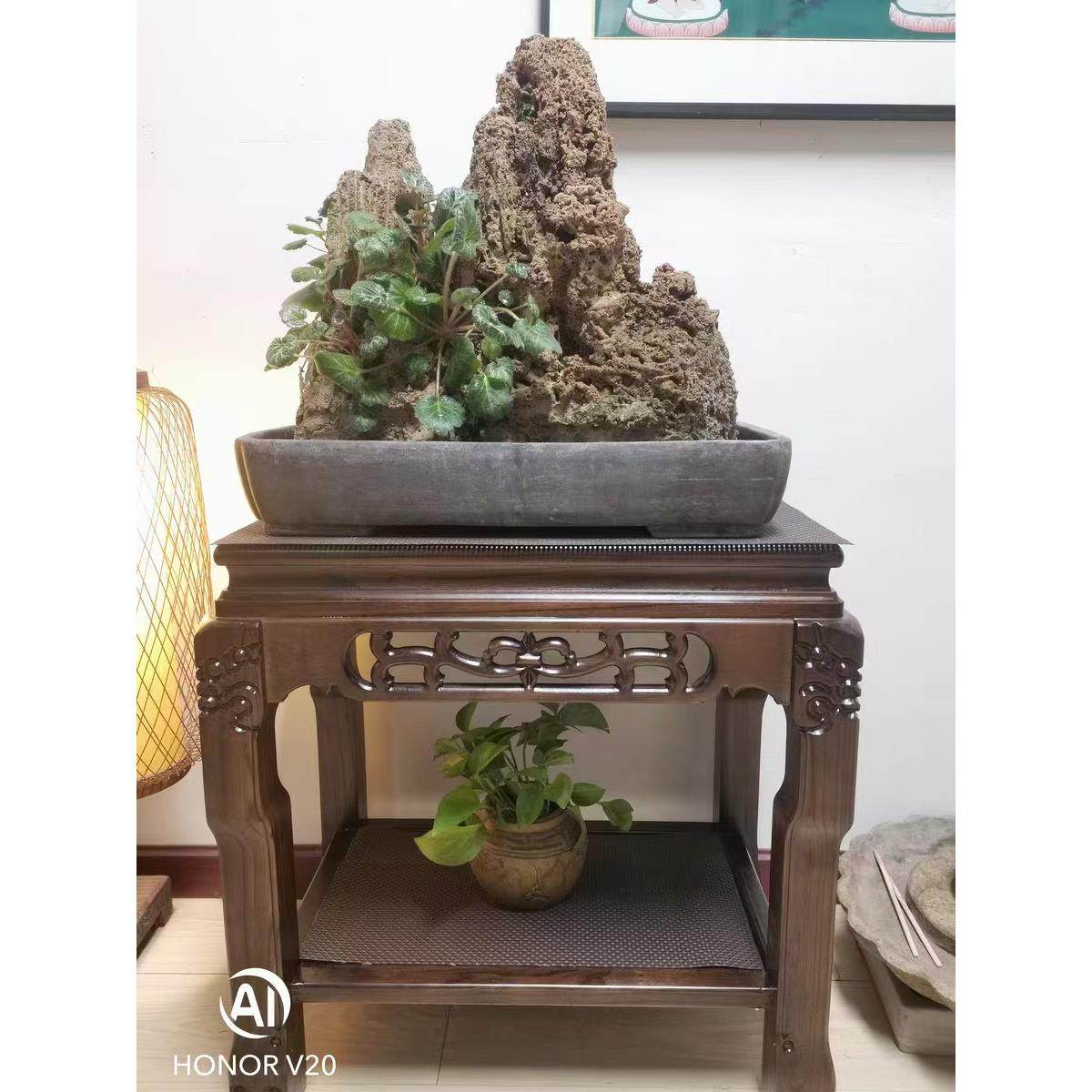花架实木超承重盆奇景底架鱼缸架石桌工架艺60*40*58品座木质仿古
