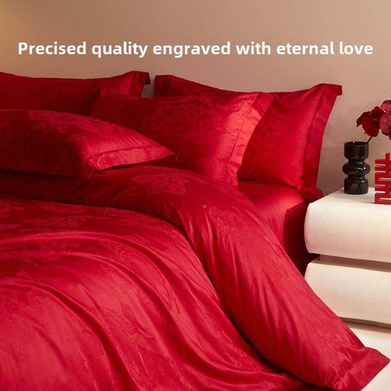 轻婚礼a级缎面提花红色中式礼婚床奢四件套嫁妆婚礼被子H-145HUN,床上用品,婚庆床品套件,淘宝优惠券,粉丝福利购,淘宝优惠卷