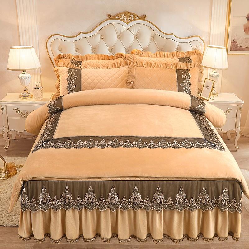 新款牛绒奶床床裙款四件套珊瑚绒冬季厚加绒夹E2211160棉水加晶绒