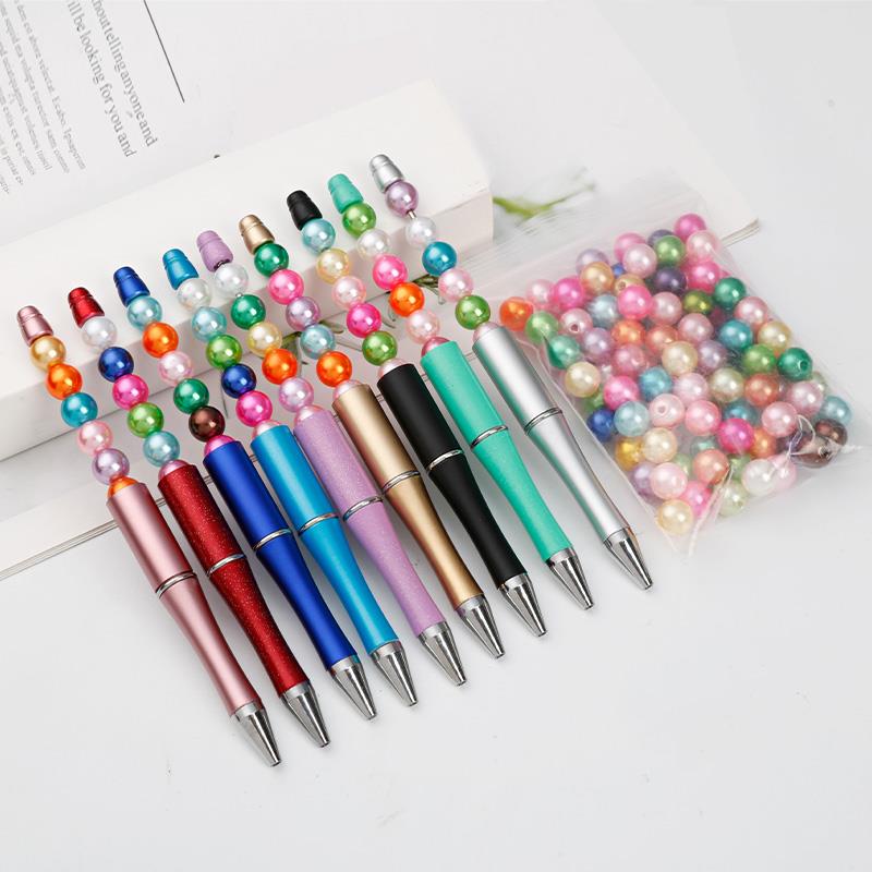 串珠笔 DIY创意圆珠笔油性笔可爱学生手工珠子笔黑色旋转伸缩笔芯