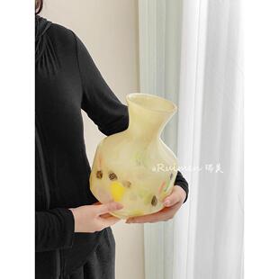中古风玻璃花瓶创意奶玉色水养插花鲜花客厅装饰艺术摆件琉璃花器