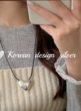 韩国S925纯银光面大爱心项链女 简约ins气质小众设计长款皮绳叠戴