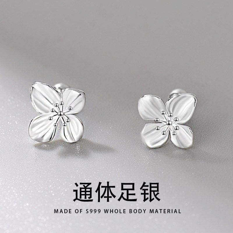 XBK耳拧扣耳骨钉气质女养睡觉饰品百合花耳钉花朵耳洞纯银螺丝999