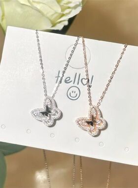 s925纯银项链女款双层蝴蝶吊坠锁骨链时尚百搭精致颈链送女友礼物