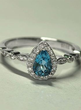 鑫葆康彩宝戒指女s925银6*8mm海蓝指环气质通勤爆款热卖饰品个性