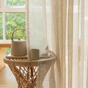 亚麻纱帘免打孔安装伸缩杆遮阳日式禅意茶室2025年新款新中式窗帘